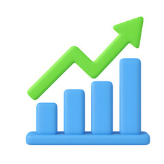 3D growth chart icon with rising green arrow and blue bar graph, symbol of success and progress, isolated on transparent background