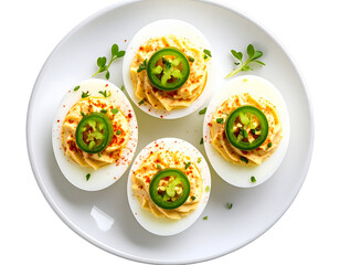 Gourmet Deviled Eggs with Jalapeño Slices – Overhead Flat-Lay PNG Cutout