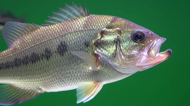 Detailed Close-up of a Largemouth Bass Underwater with Open Mouth, Showing Scales and Fins on a Vivid Green Background, Aquatic Wildlife Portrait