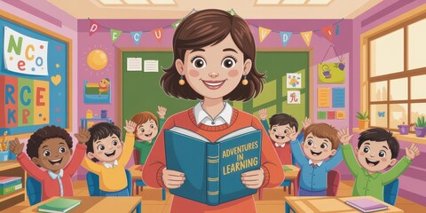 Happy Diverse Elementary School Children Learning with Teacher