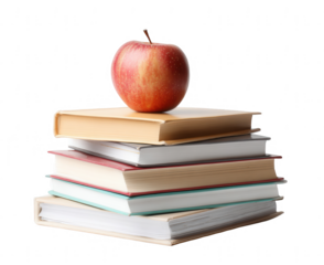 Pile of books with an apple on top, isolated on a white background, png, transparent
