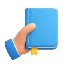 3D hand holding closed blue book icon with yellow bookmark, education and reading concept, isolated on transparent background