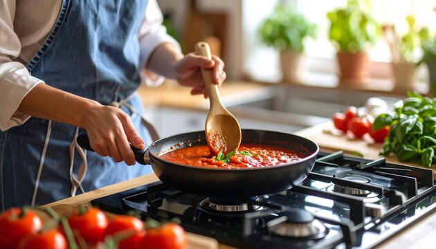 Woman stirring tomato sauce in a pan