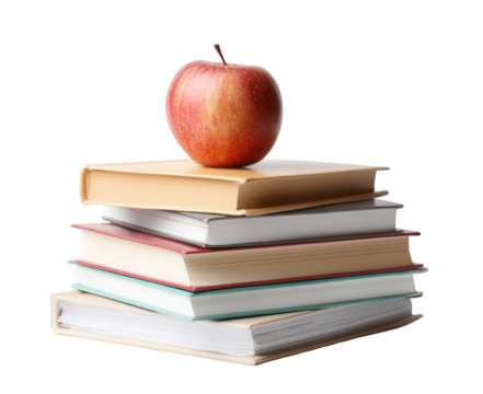 Pile of books with an apple on top, isolated on a white background, png, transparent