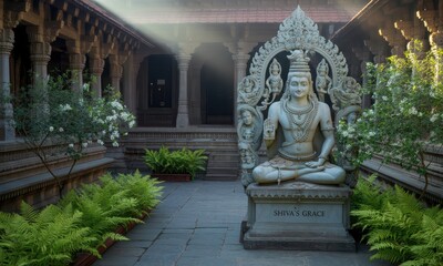Stone deity statue in a tranquil courtyard garden