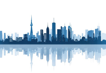 Fototapeta premium Vector flat color blue city skyline silhouette on white background, png, transparent