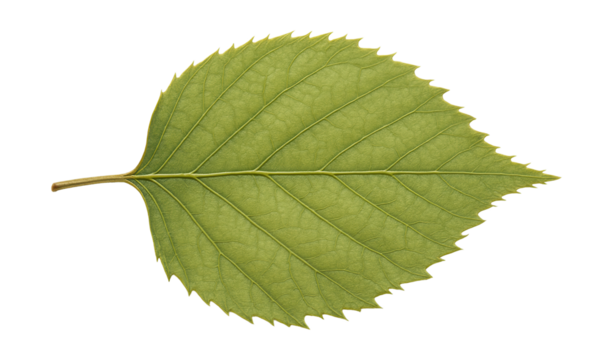 Oval, toothed edge birch leaf with visible veins and thin, papery texture