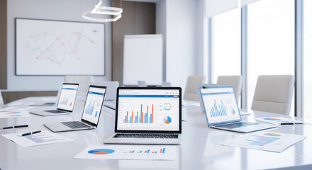 Bright modern meeting room with laptops on white table displaying data analytics dashboards, corporate office prepared for business strategy presentation session