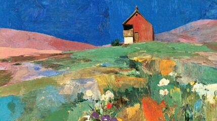 Red house in hill scene countryside painting nature.