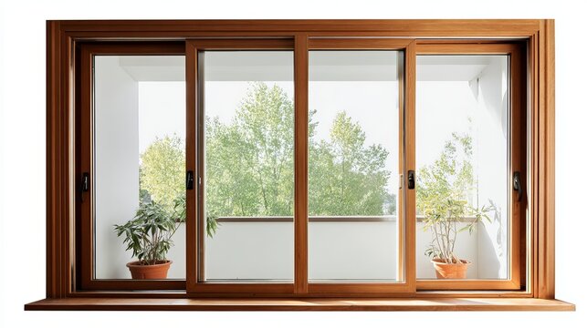 A modern wooden window frame showcasing a serene view of greenery and potted plants, creating a peaceful indoor atmosphere.
