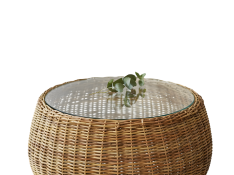 Round Wicker Coffee Table with Glass Top isolated on transparent background