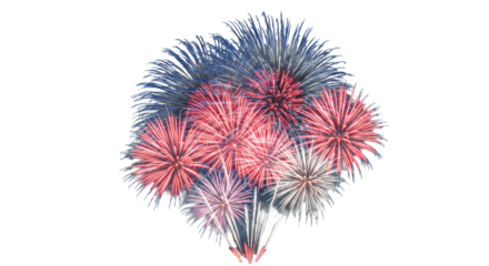 Dynamic explosion of red, white, and blue fireworks, detailed starbursts and cascading trails with sharp contours, isolated against a plain white studio background, captured at peak, Independence Day