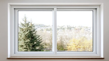 A bright and airy window view showcasing greenery and distant scenery, perfect for a serene atmosphere.