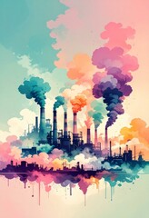 Industrial landscape with colorful smoke plumes from factory chimneys watercolor effect