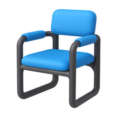 3D modern blue chair with black tubular frame and padded armrests, isolated on transparent background