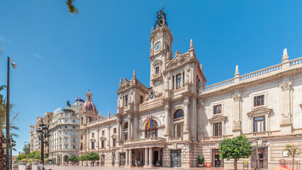 Fototapeta premium Valencia City Hall or Ajuntament de Valencia timelapse hyperlapse in Plaza de Ayuntamiento. Spain