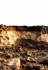 Soil layers exposed in a quarry showing different earth strata brown beige and black soil textures