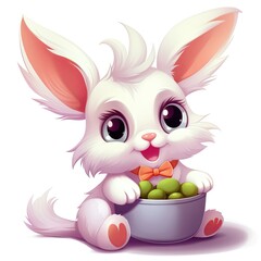 A cute cartoon rabbit with large eyes and fluffy white fur sits happily holding a bowl of green vegetables, long ears and bow tie