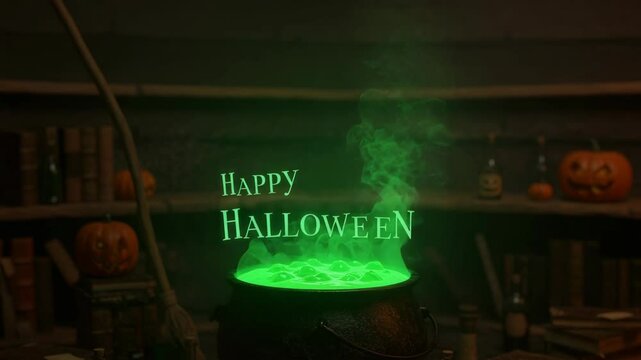 Happy Halloween cauldron with bubbling potion against blurred background of pumpkins and bookshelves. Happy Halloween setting creates eerie atmosphere as bubbling potion fills cast iron cauldron.