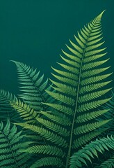 Lush Green Fern Fronds on a Deep Teal Background Detailed illustration of vibrant foliage