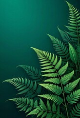 Lush green fern leaves against a dark teal background Detailed botanical illustration of vibrant foliage