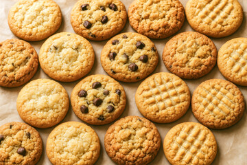 Delicious assortment of homemade cookies on baking paper, background shows chocolate chip, peanut butter, and fresh sugar cookies