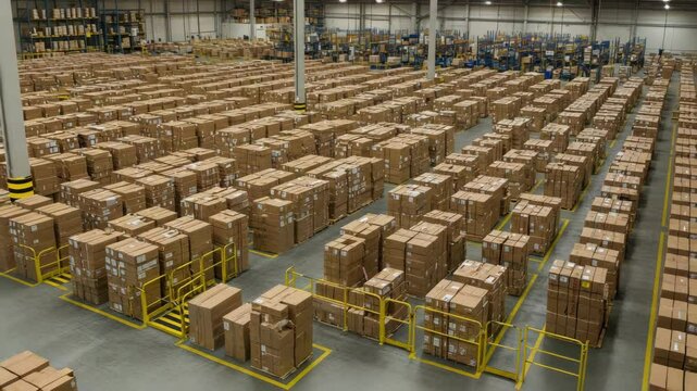Warehouse storage area with pallet racking and cardboard boxes stacked in organized rows. Warehouse storage solution demonstrates a massive scale and inventory, suitable for commercial purposes.