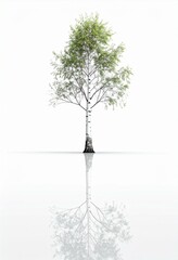 Young birch tree with white bark and green leaves reflected in water on white background