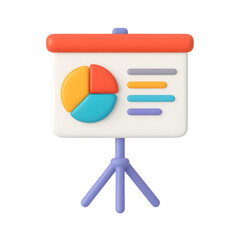 3D presentation board icon with colorful pie chart and data bars on tripod stand isolated on transparent background