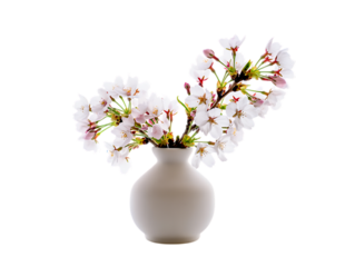 Delicate white cherry blossom branches in a simple vase isolated on transparent background