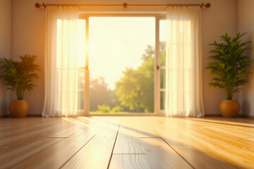 Fototapeta premium Sunlit Minimalist Room with Open Doors and Large Potted Plants