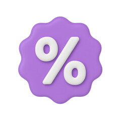 3D purple discount badge icon with white percentage symbol isolated on transparent background
