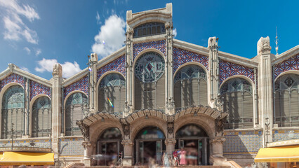 Valencia Central Market timelapse hyperlapse. Historic public market with stunning architecture. Spain
