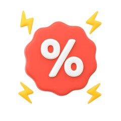 3D red discount badge icon with white percentage symbol and yellow lightning bolts, sale and promotion concept isolated on transparent background