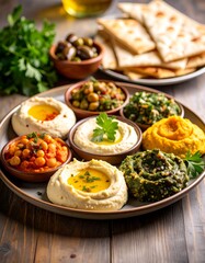 Elevated Lebanese Mezze Plate with Hummus Quenelle, Tabbouleh Stack and Baba Ganoush Detail