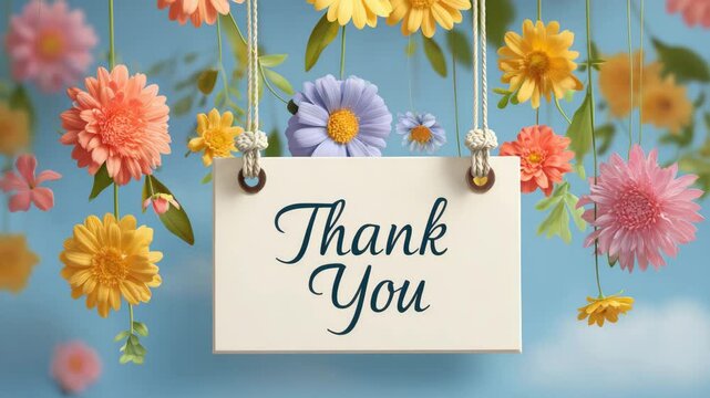 hanging paper label with thank you message on floral background with colorful flowers animation