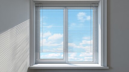 Bright sunlight streams through a modern window, illuminating a serene sky with fluffy clouds.