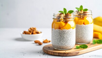 Layered Chia Smoothie in Clear Jar with Visible Textures and Ingredients, Front-Lit Studio Setup
