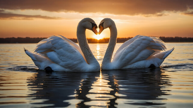 Two swans making a heart, Sunset landscape