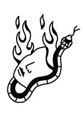 Burning face swallowed by a snake, a symbolic line art illustration