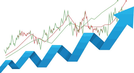 Obraz premium Rising blue arrow shows financial growth with red and green trend lines.