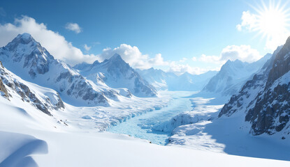 Obraz premium Snow-Covered Mountain Range with Glacial Valley Under Bright Sunlight