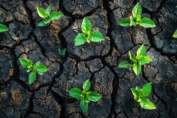 Top view of an arid land with cracks from where small green plant shoots sprout