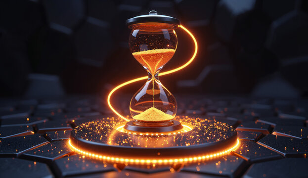 Glowing Hourglass with Illuminated Base and Swirling Light Trails