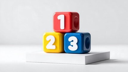 Colorful Number Blocks 1, 2, and 3 Stacked on a White Podium for Educational Purposes