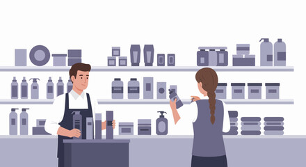 Male and Female Shop Assistants in a Beauty Supply Store.