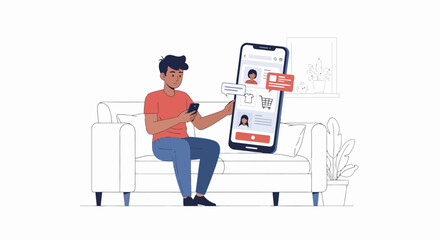 Man Browsing Online Shopping App on Smartphone While Relaxing on Sofa.