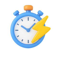 3D stopwatch icon with blue casing and yellow lightning bolt representing fast time isolated on transparent background