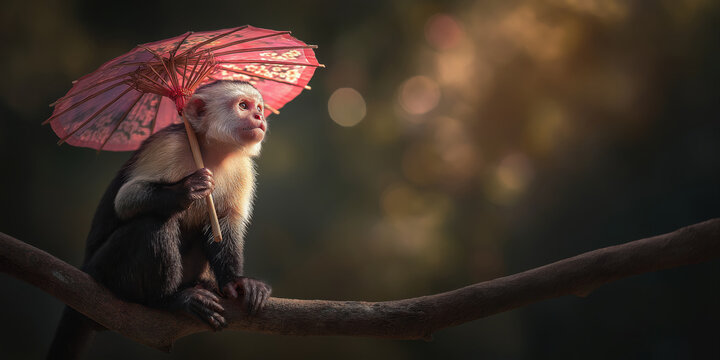 Happy baby capuchin monkey with umbrella on the branch.