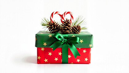 Christmas gift box decorated with pinecones and candy canes  